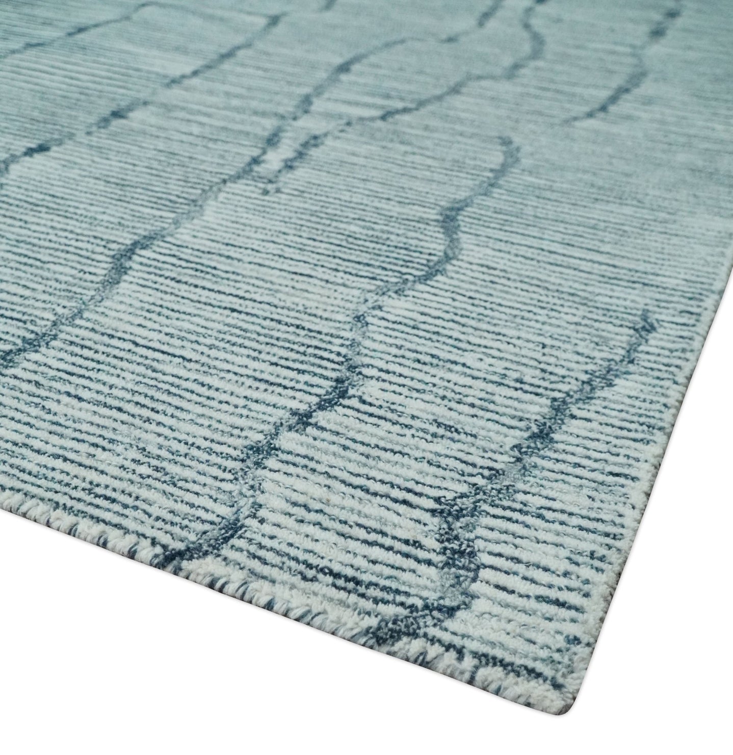 Custom Made Hand Tufted Multi Size Woolen Modern Ivory and Blue Area Rug - The Rug Decor