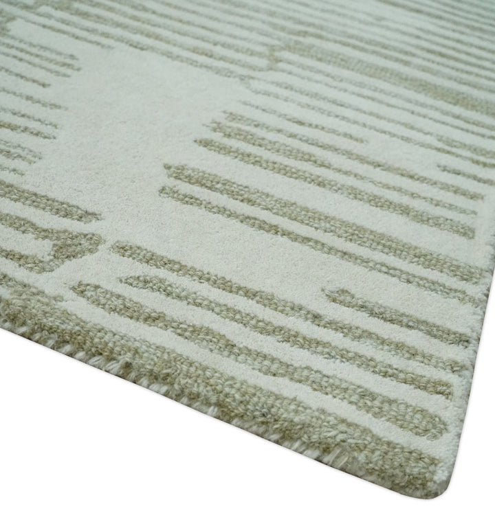 Custom Made Ivory and Olive Modern Stripes Design Hand Tufted wool Area Rug, Kids, Living Room and Bedroom Rug - The Rug Decor