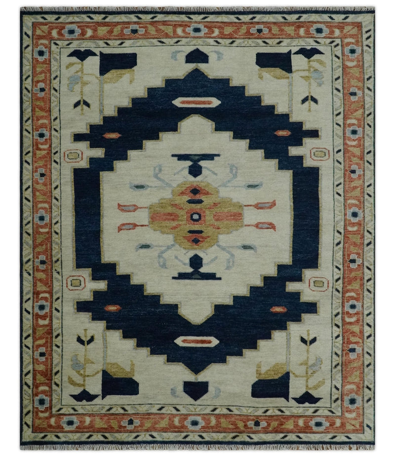 Custom Made Ivory, Blue, Beige and Rust Hand Knotted Traditional Heriz Wool Area Rug - The Rug Decor