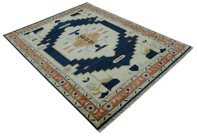 Custom Made Ivory, Blue, Beige and Rust Hand Knotted Traditional Heriz Wool Area Rug - The Rug Decor