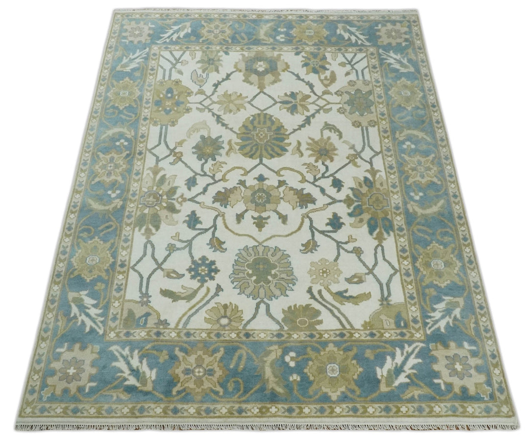 Custom Made Ivory, Gray and Beige Floral Hand Knotted Traditional Oushak Wool Rug - The Rug Decor