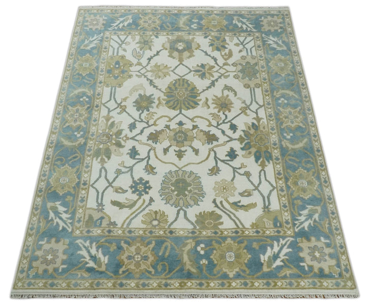 Custom Made Ivory, Gray and Beige Floral Hand Knotted Traditional Oushak Wool Rug - The Rug Decor