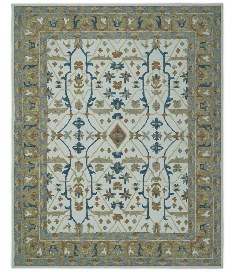 Custom Made Ivory, Olive and Blue Oriental Hand Tufted wool Area Rug - The Rug Decor