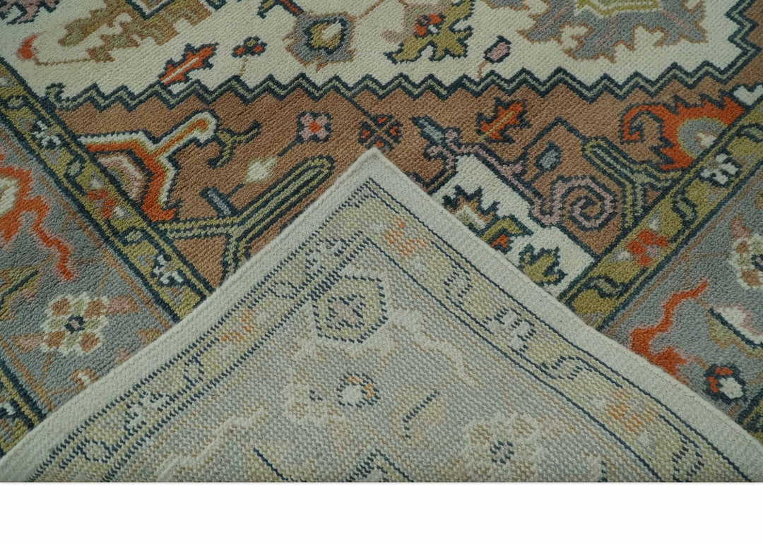 Custom Made Ivory, Silver, Peach and Olive Hand Knotted Traditional Heriz wool Area Rug - The Rug Decor