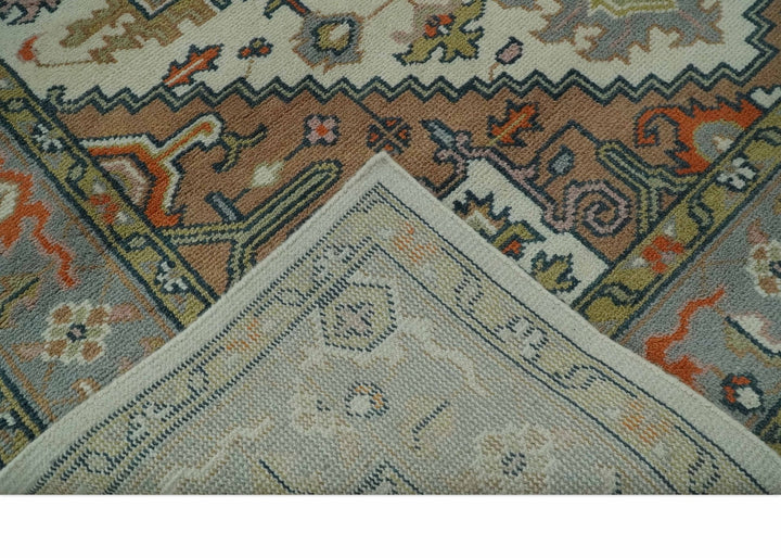 Custom Made Ivory, Silver, Peach and Olive Hand Knotted Traditional Heriz wool Area Rug - The Rug Decor