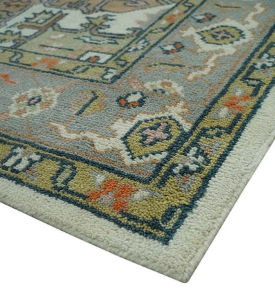 Custom Made Ivory, Silver, Peach and Olive Hand Knotted Traditional Heriz wool Area Rug - The Rug Decor