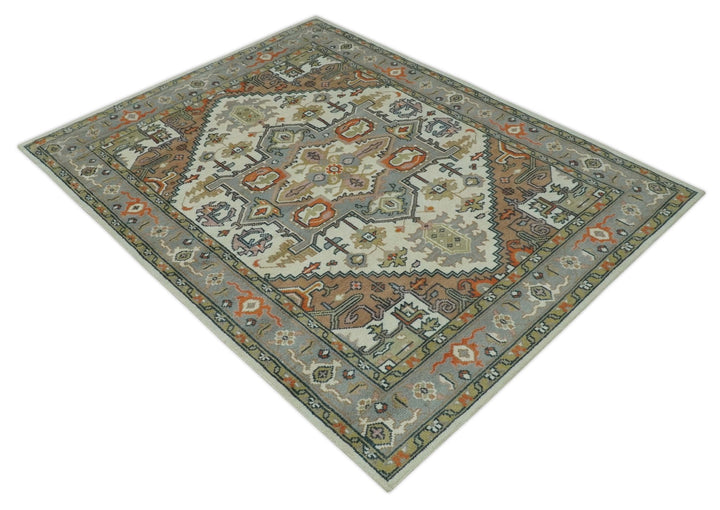 Custom Made Ivory, Silver, Peach and Olive Hand Knotted Traditional Heriz wool Area Rug - The Rug Decor
