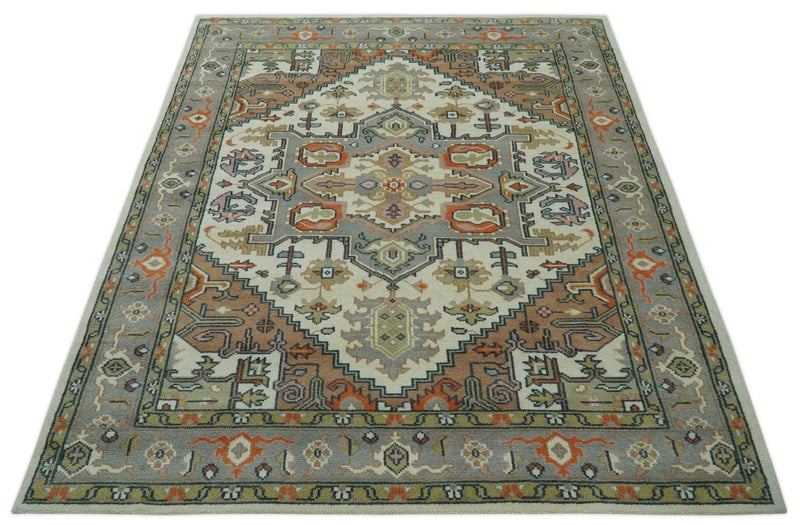 Custom Made Ivory, Silver, Peach and Olive Hand Knotted Traditional Heriz wool Area Rug - The Rug Decor