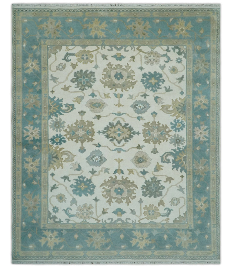 Custom Made Ivory, Teal and Beige Floral Hand Knotted Traditional Oushak Wool Area Rug - The Rug Decor