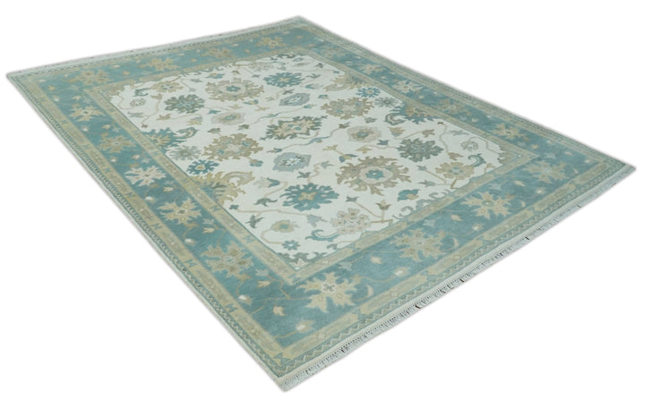 Custom Made Ivory, Teal and Beige Floral Hand Knotted Traditional Oushak Wool Area Rug - The Rug Decor