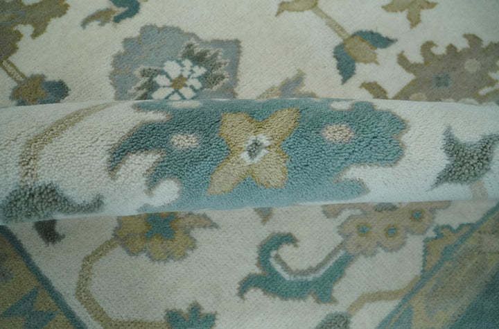 Custom Made Ivory, Teal and Beige Floral Hand Knotted Traditional Oushak Wool Area Rug - The Rug Decor
