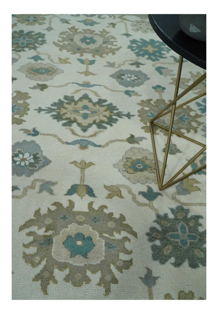 Custom Made Ivory, Teal and Beige Floral Hand Knotted Traditional Oushak Wool Area Rug - The Rug Decor