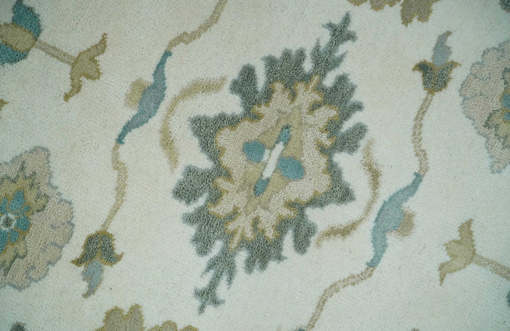 Custom Made Ivory, Teal and Beige Floral Hand Knotted Traditional Oushak Wool Area Rug - The Rug Decor