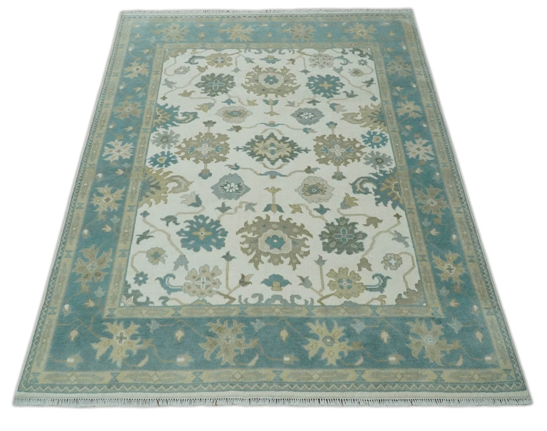 Custom Made Ivory, Teal and Beige Floral Hand Knotted Traditional Oushak Wool Area Rug - The Rug Decor