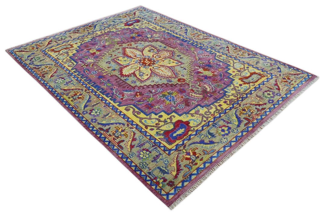 Custom Made Light Green and Purple Medallion Traditional Hand Knotted Wool Area Rug - The Rug Decor