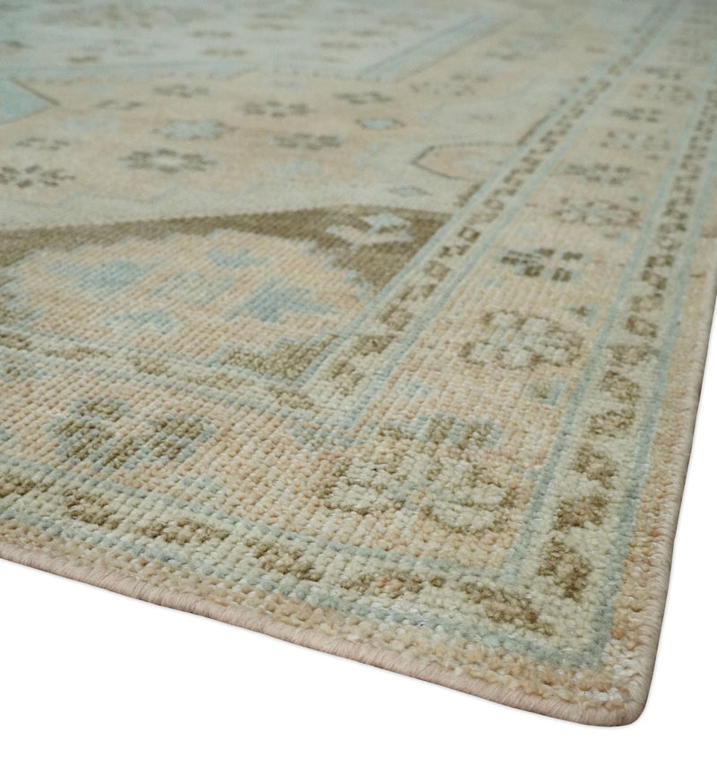 Custom Made Low Pile Hand Knotted Peach and Blue Traditional Design Wool Area Rug - The Rug Decor