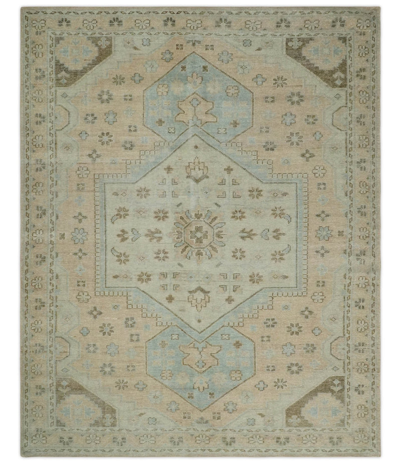 Custom Made Low Pile Hand Knotted Peach and Blue Traditional Design Wool Area Rug - The Rug Decor