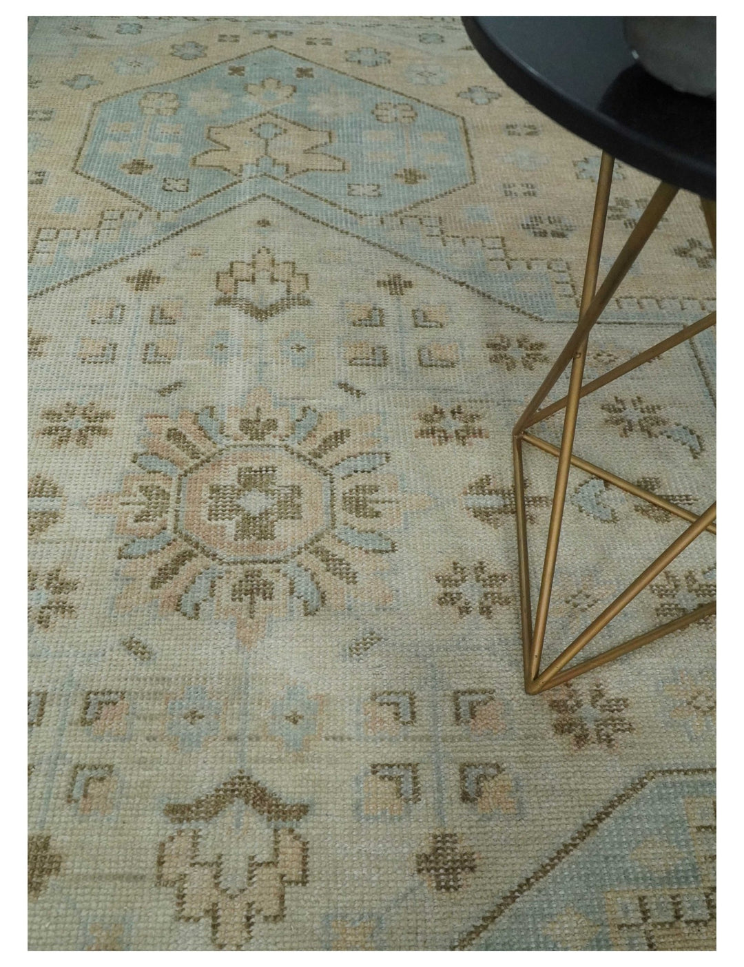 Custom Made Low Pile Hand Knotted Peach and Blue Traditional Design Wool Area Rug - The Rug Decor