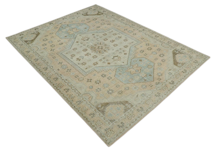 Custom Made Low Pile Hand Knotted Peach and Blue Traditional Design Wool Area Rug - The Rug Decor