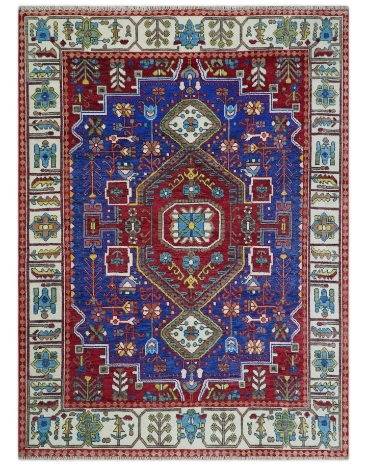 Custom Made Maroon, Blue and ivory Hand Knotted Traditional Wool Rug - The Rug Decor