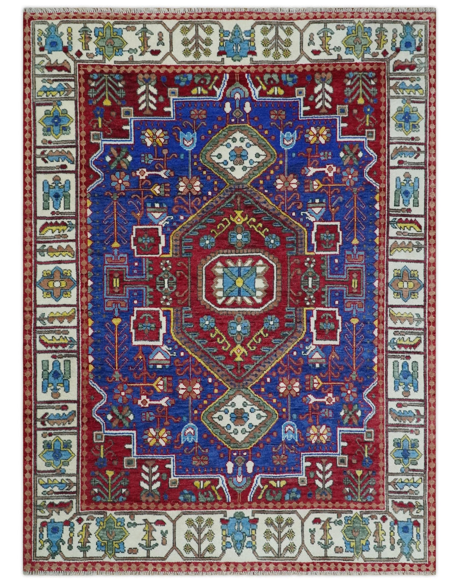 Custom Made Maroon, Blue and ivory Hand Knotted Traditional Wool Rug - The Rug Decor