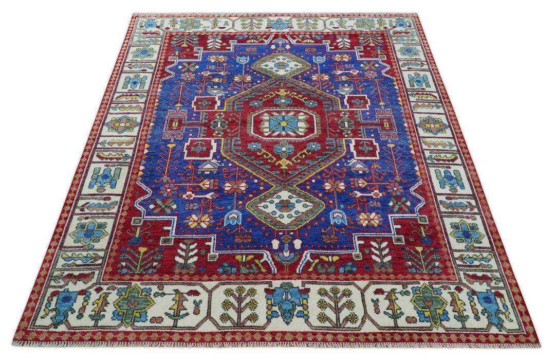 Custom Made Maroon, Blue and ivory Hand Knotted Traditional Wool Rug - The Rug Decor