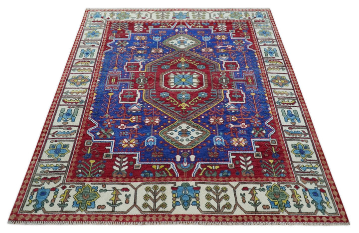 Custom Made Maroon, Blue and ivory Hand Knotted Traditional Wool Rug - The Rug Decor