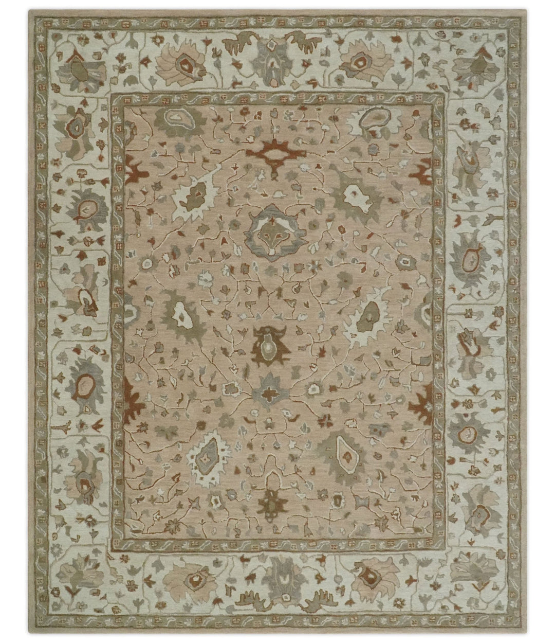 Custom Made Oushak Design Tufted Peach, Ivory and Olive Traditional Rug - The Rug Decor
