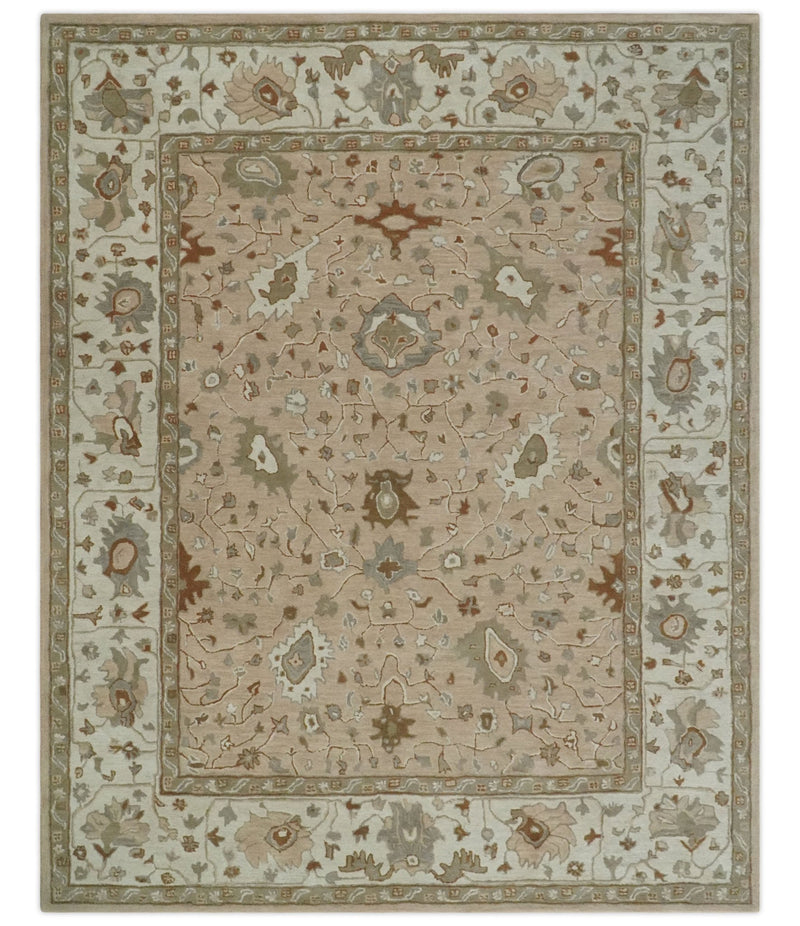 Custom Made Oushak Design Tufted Peach, Ivory and Olive Traditional Rug - The Rug Decor