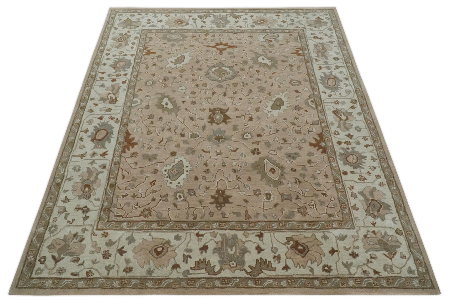 Custom Made Oushak Design Tufted Peach, Ivory and Olive Traditional Rug - The Rug Decor