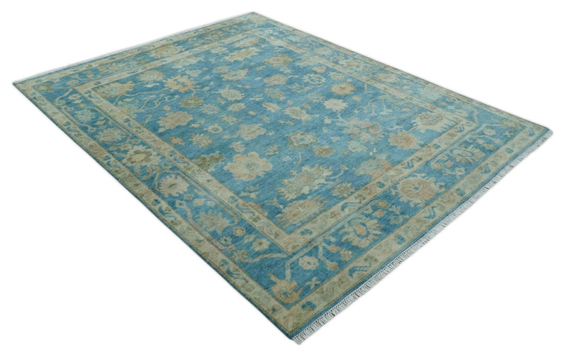 Custom Made Oushak Hand Knotted Blue and Beige Traditional Wool Rug - The Rug Decor