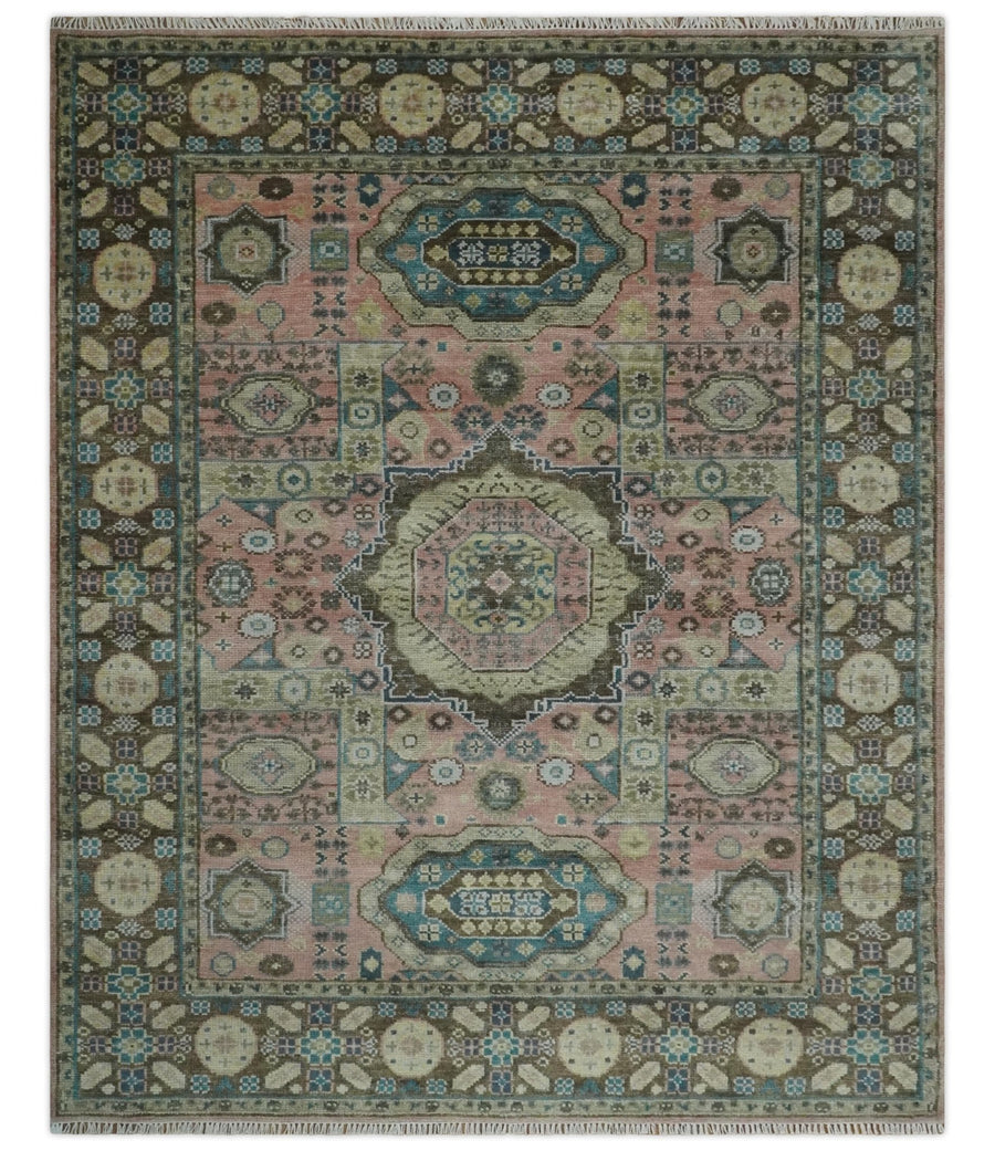 Custom Made Pink, Beige and Olive Hand knotted Medallion Mamluk Multi Size wool Area Rug - The Rug Decor