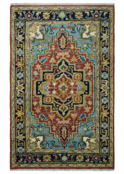 Custom Made Rust and Blue Traditional Medallion Hand Knotted Wool Area Rug - The Rug Decor