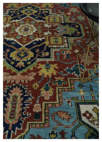Custom Made Rust and Blue Traditional Medallion Hand Knotted Wool Area Rug - The Rug Decor