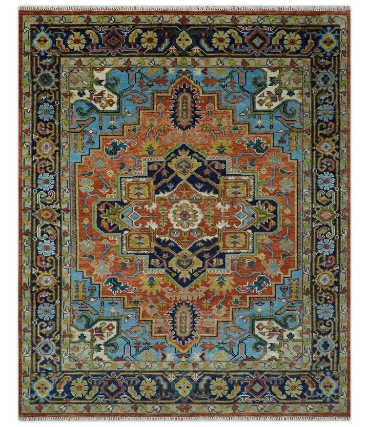 Custom Made Rust and Blue Traditional Medallion Hand Knotted Wool Area Rug - The Rug Decor