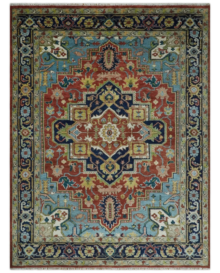 Custom Made Rust and Blue Traditional Medallion Hand Knotted Wool Area Rug - The Rug Decor