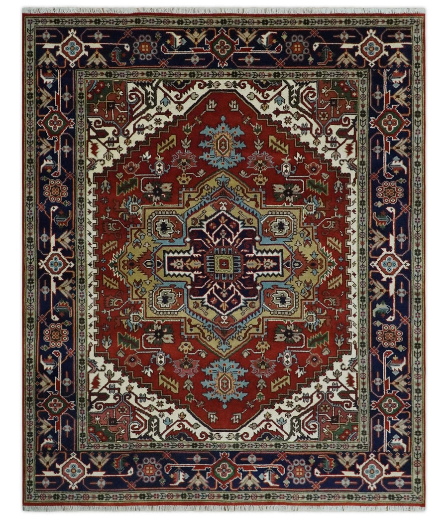 Custom Made Rust, Mustard, Ivory and Blue Hand Knotted Traditional Wool Area Rug - The Rug Decor