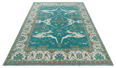Custom Made Teal and Ivory Hand knotted Oriental Oushak Multi Size wool Area Rug - The Rug Decor