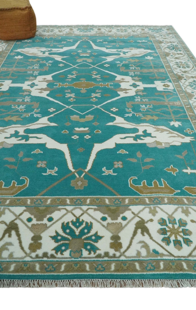 Custom Made Teal and Ivory Hand knotted Oriental Oushak Multi Size wool Area Rug - The Rug Decor