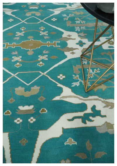 Custom Made Teal and Ivory Hand knotted Oriental Oushak Multi Size wool Area Rug - The Rug Decor