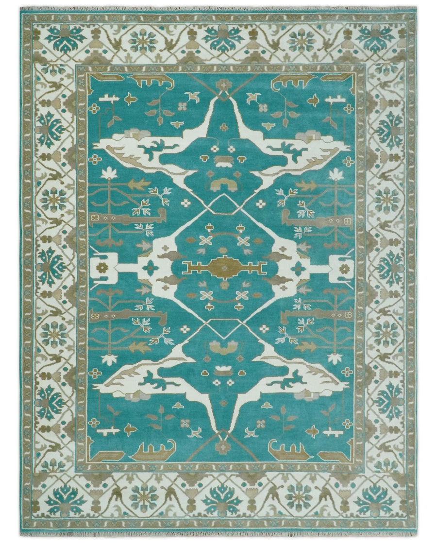 Custom Made Teal and Ivory Hand knotted Oriental Oushak Multi Size wool Area Rug - The Rug Decor