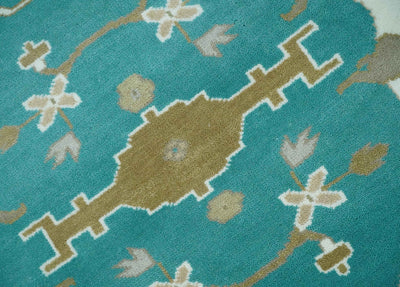 Custom Made Teal and Ivory Hand knotted Oriental Oushak Multi Size wool Area Rug - The Rug Decor