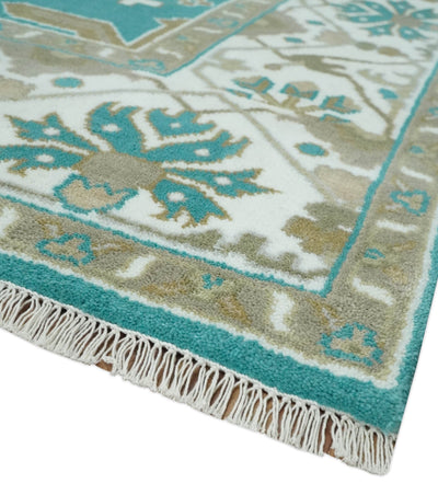 Custom Made Teal and Ivory Hand knotted Oriental Oushak Multi Size wool Area Rug - The Rug Decor