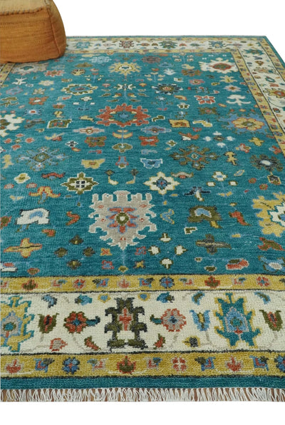 Custom Made Teal and Ivory Hand knotted Traditional Oushak wool Area Rug - The Rug Decor