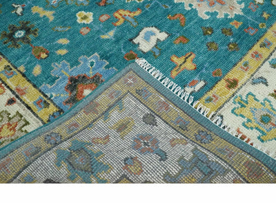 Custom Made Teal and Ivory Hand knotted Traditional Oushak wool Area Rug - The Rug Decor