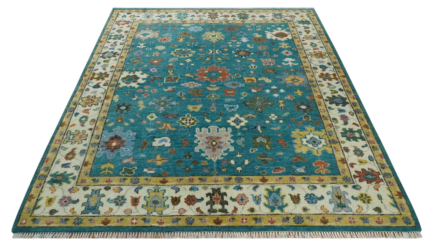 Custom Made Teal and Ivory Hand knotted Traditional Oushak wool Area Rug - The Rug Decor