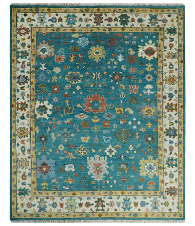 Custom Made Teal and Ivory Hand knotted Traditional Oushak wool Area Rug - The Rug Decor