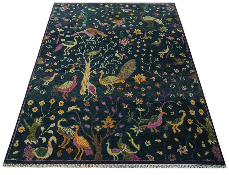 Custom Made The Jungle Life Peacock on tree Rug Hand Knotted Blue and ...
