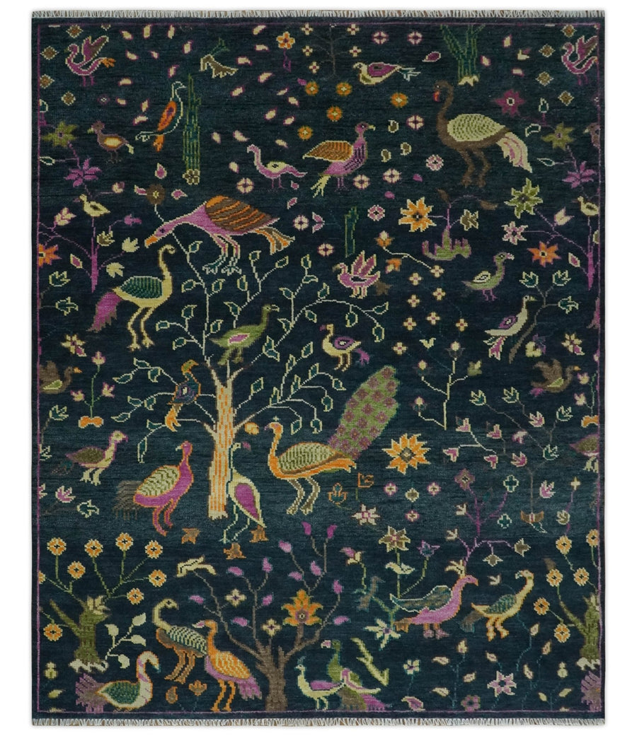 Custom Made The Jungle Life Peacock on tree Rug Hand Knotted Blue and Green Wool Rug - The Rug Decor