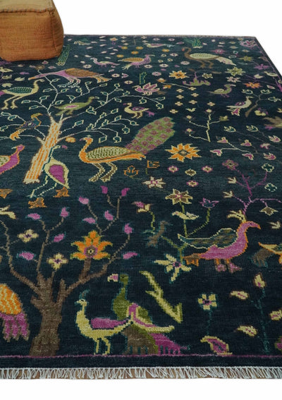 Custom Made The Jungle Life Peacock on tree Rug Hand Knotted Blue and Green Wool Rug - The Rug Decor